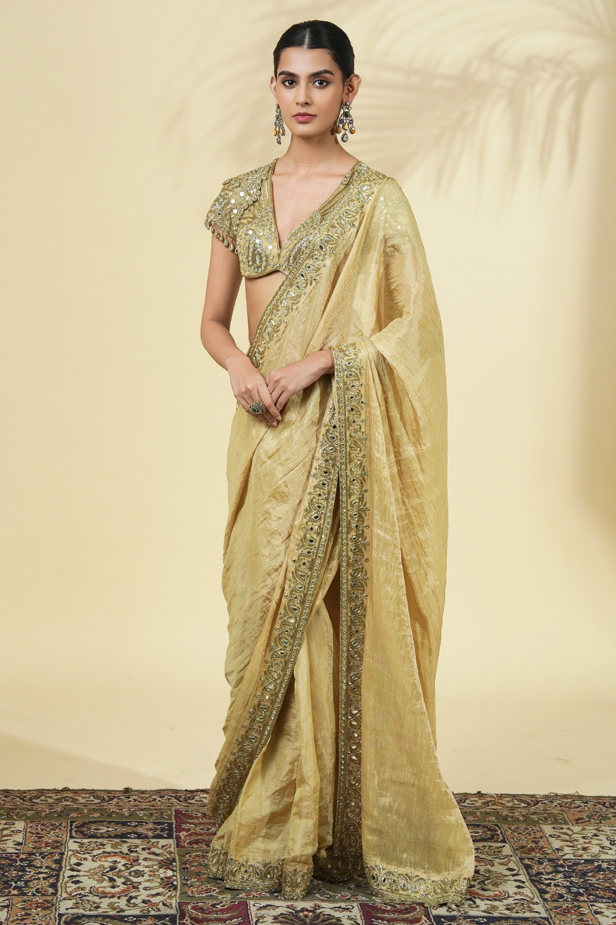 Arpita Mehta Beige Gold Tissue Silk Saree Set