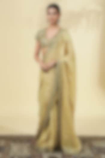 Beige Gold Tissue Silk Bridal Saree Set by Arpita Mehta at Pernia's Pop Up Shop