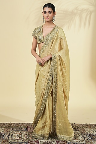Beige Gold Tissue Silk Saree Set by Arpita Mehta