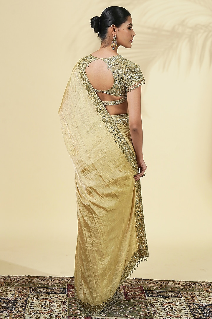 Beige Gold Tissue Silk Bridal Saree Set by Arpita Mehta at Pernia's Pop Up Shop