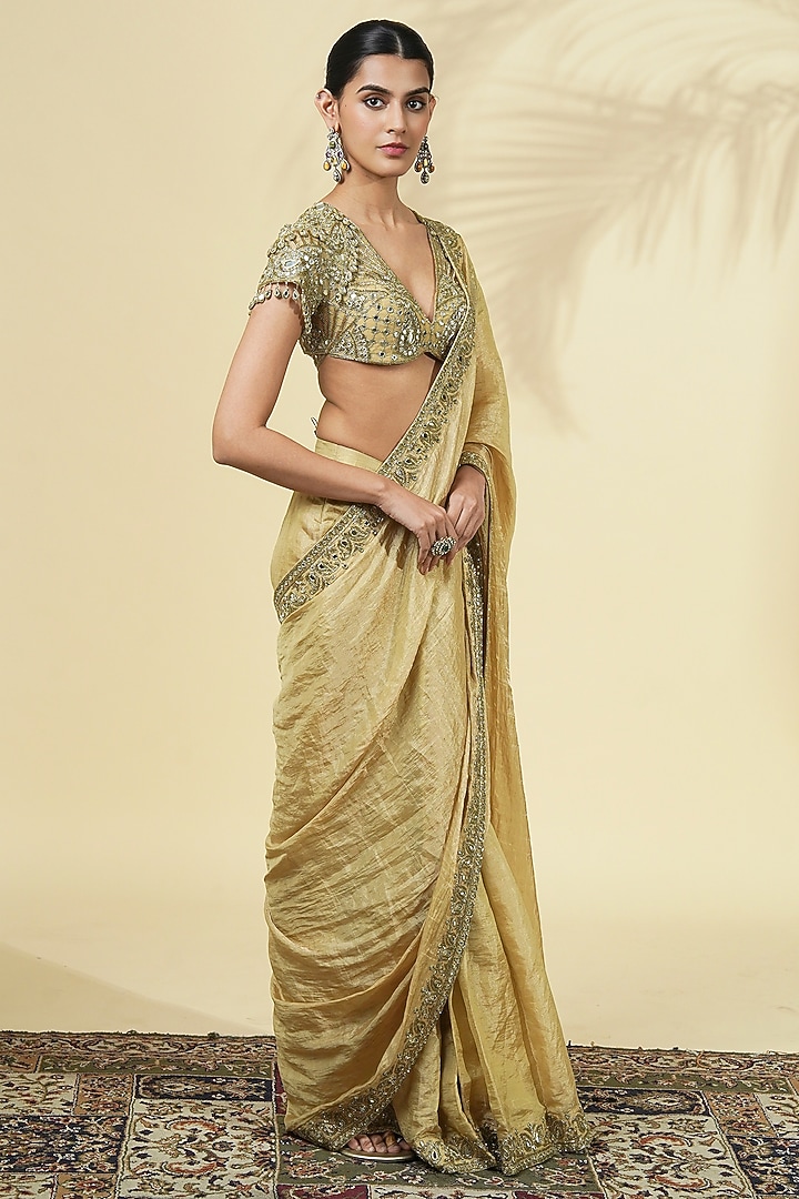 Beige Gold Tissue Silk Bridal Saree Set by Arpita Mehta at Pernia's Pop Up Shop