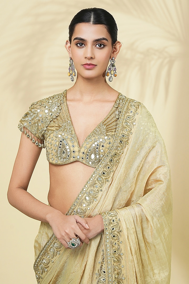 Beige Gold Tissue Silk Bridal Saree Set by Arpita Mehta at Pernia's Pop Up Shop