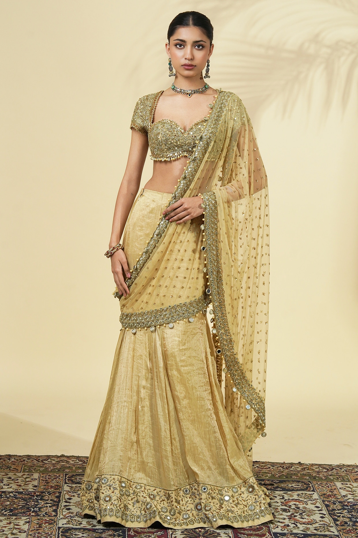 Arpita Mehta Beige Gold Tissue Silk Godet Saree Set