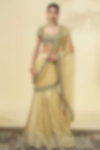 Beige Gold Tissue Silk Godet Bridal Saree Set by Arpita Mehta at Pernia's Pop Up Shop
