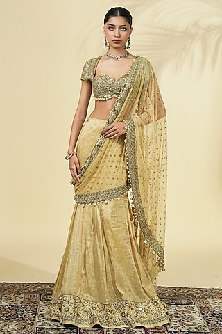 Beige Gold Tissue Silk Godet Saree Set by Arpita Mehta