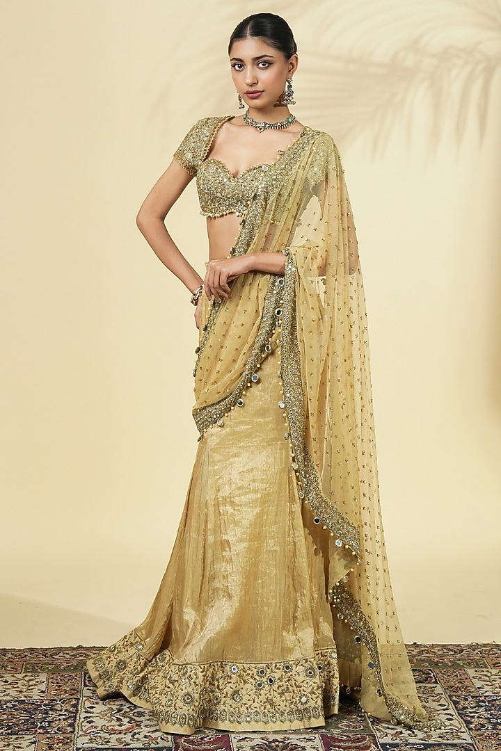 Beige Gold Tissue Silk Godet Bridal Saree Set by Arpita Mehta at Pernia's Pop Up Shop