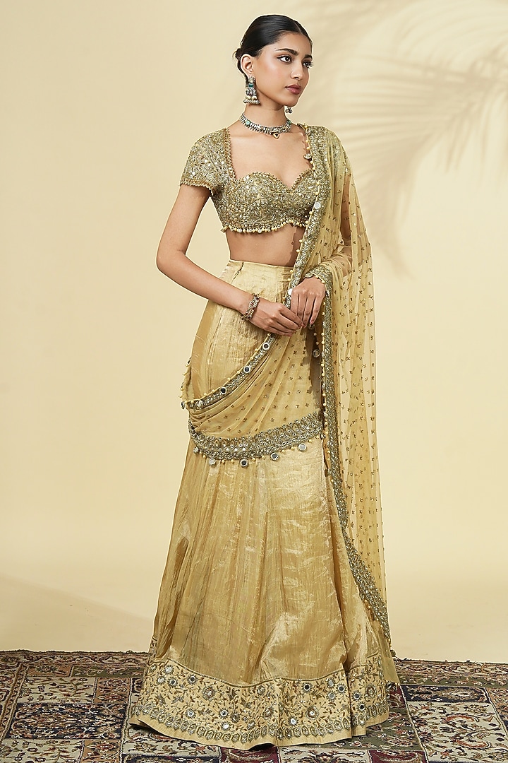 Beige Gold Tissue Silk Godet Bridal Saree Set by Arpita Mehta at Pernia's Pop Up Shop