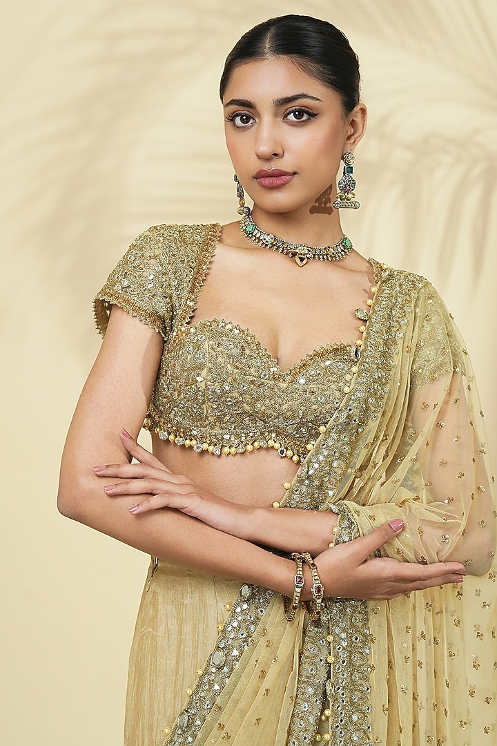 Beige Gold Tissue Silk Godet Bridal Saree Set by Arpita Mehta at Pernia's Pop Up Shop