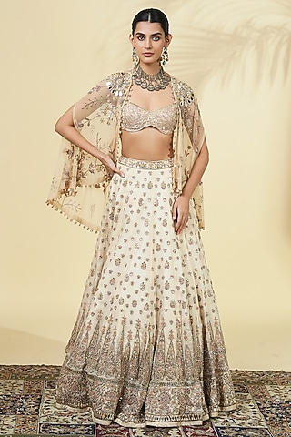 Dull Rose Gold Raw Silk Hand Embroidered Lehenga Set by Arpita Mehta
