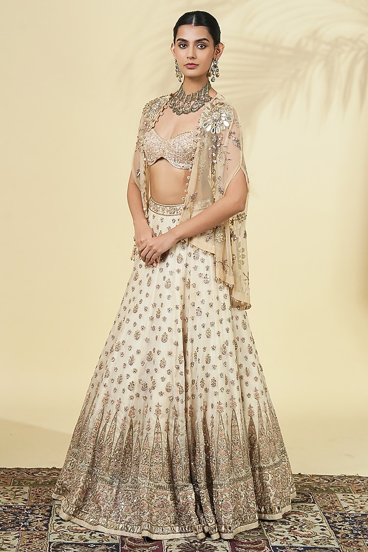 Dull Rose Gold Raw Silk Hand Embroidered Bridal Lehenga Set by Arpita Mehta at Pernia's Pop Up Shop