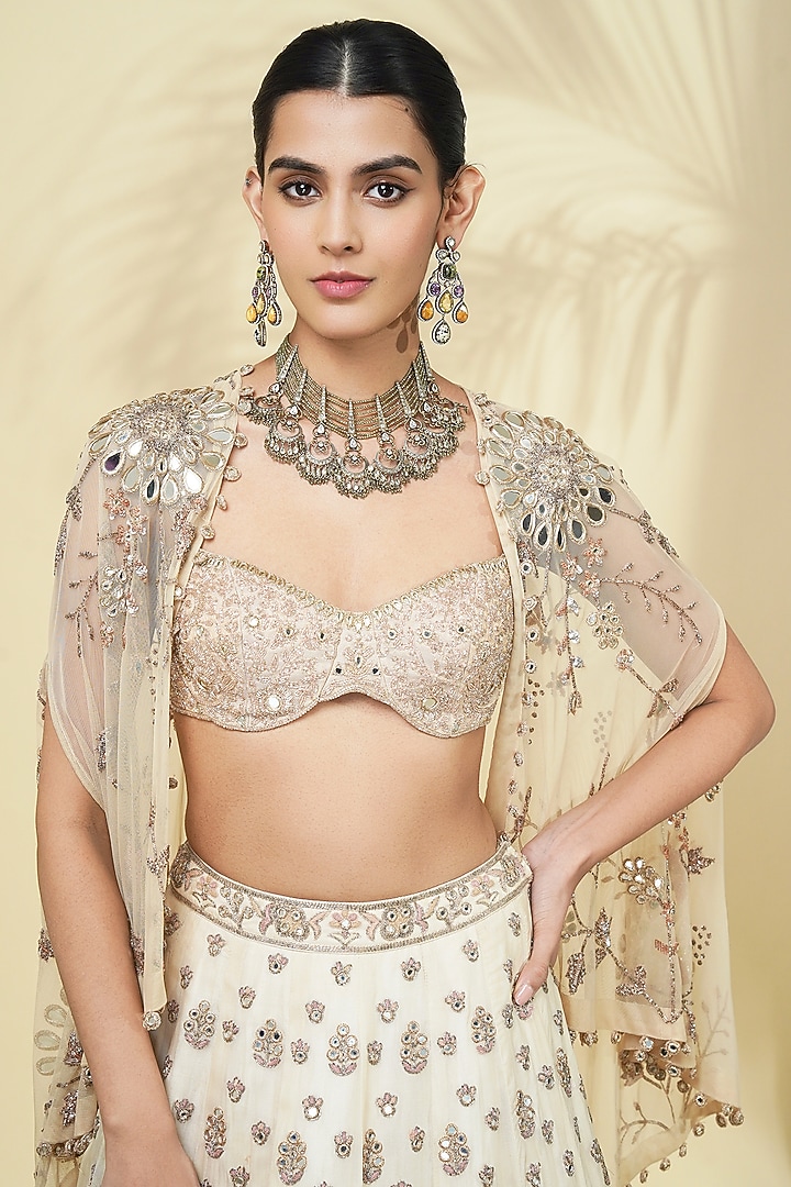 Dull Rose Gold Raw Silk Hand Embroidered Bridal Lehenga Set by Arpita Mehta at Pernia's Pop Up Shop