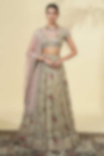 Grey Organza Rose Printed Bridal Lehenga Set by Arpita Mehta at Pernia's Pop Up Shop