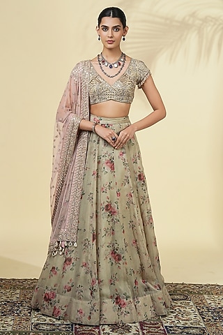 Grey Organza Rose Printed Lehenga Set by Arpita Mehta