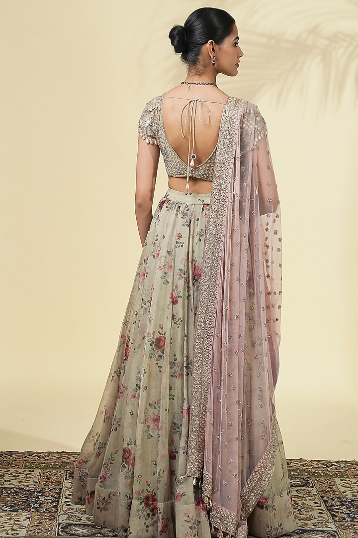 Grey Organza Rose Printed Bridal Lehenga Set by Arpita Mehta at Pernia's Pop Up Shop