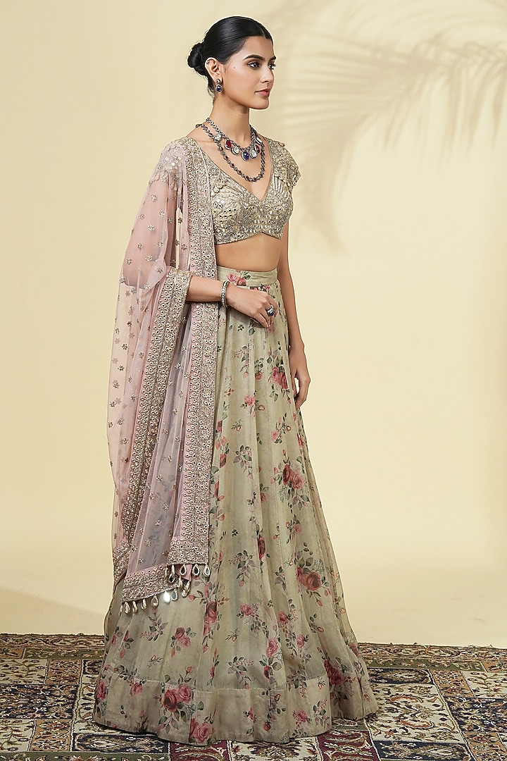 Grey Organza Rose Printed Bridal Lehenga Set by Arpita Mehta at Pernia's Pop Up Shop