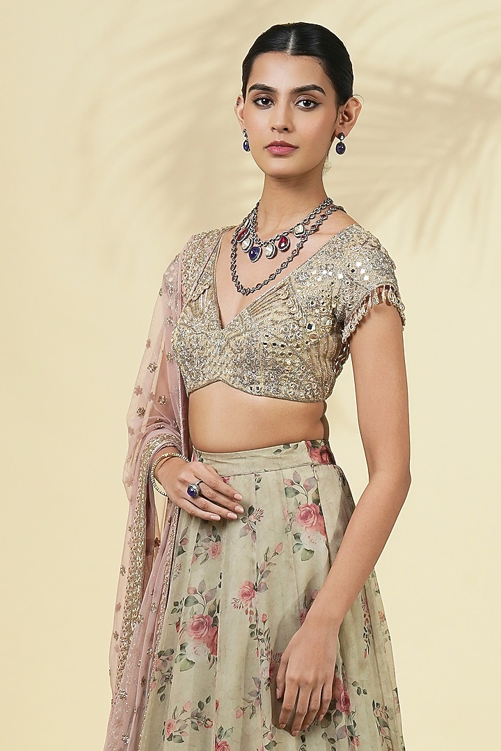 Grey Organza Rose Printed Bridal Lehenga Set by Arpita Mehta at Pernia's Pop Up Shop