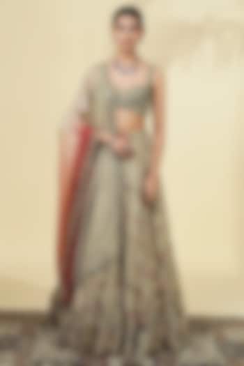 Grey Organza Rose Printed Bridal Lehenga Set by Arpita Mehta at Pernia's Pop Up Shop