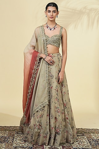 Grey Organza Rose Printed Lehenga Set by Arpita Mehta