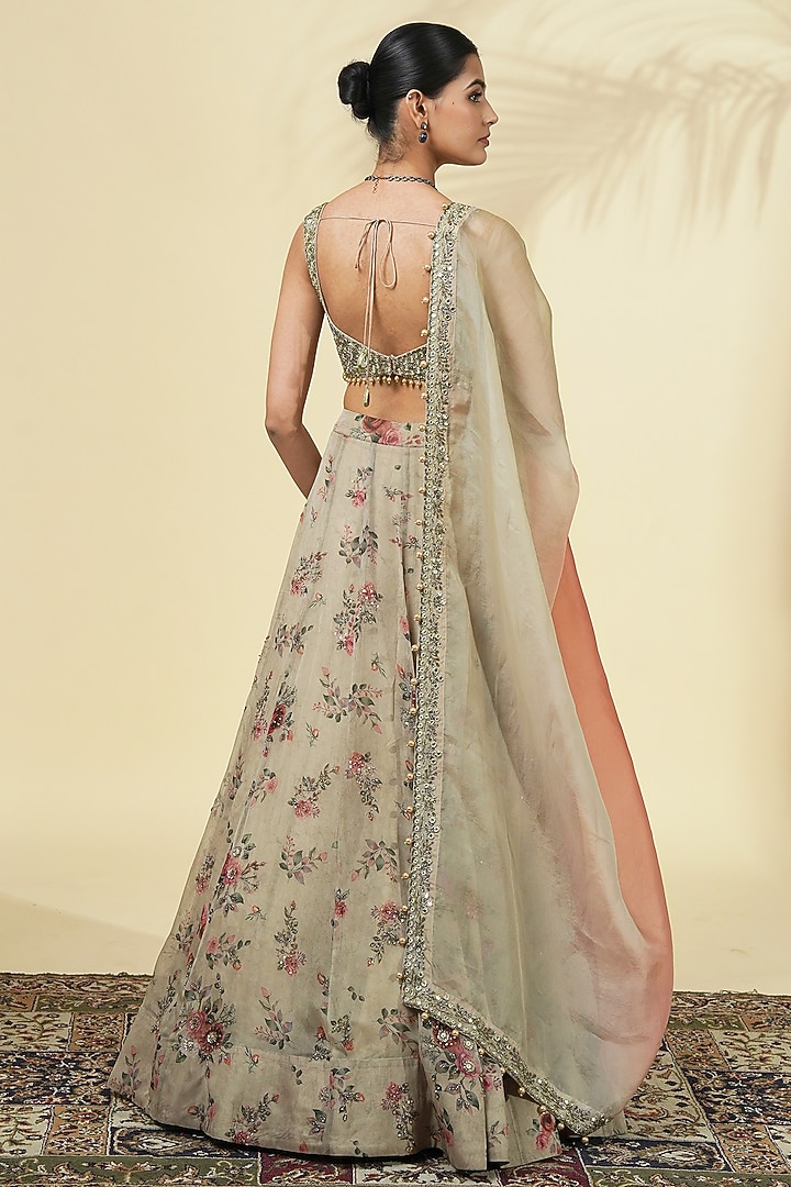 Grey Organza Rose Printed Bridal Lehenga Set by Arpita Mehta at Pernia's Pop Up Shop