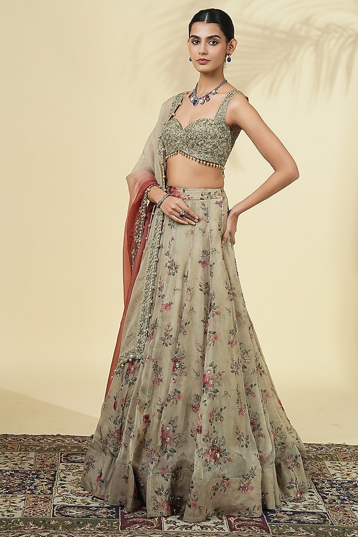 Grey Organza Rose Printed Bridal Lehenga Set by Arpita Mehta at Pernia's Pop Up Shop