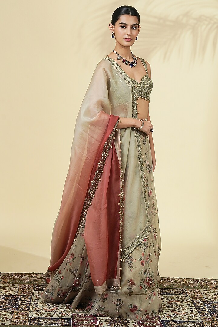 Grey Organza Rose Printed Bridal Lehenga Set by Arpita Mehta at Pernia's Pop Up Shop