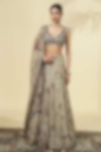 Grey Organza Rose Printed Bridal Lehenga Set by Arpita Mehta at Pernia's Pop Up Shop