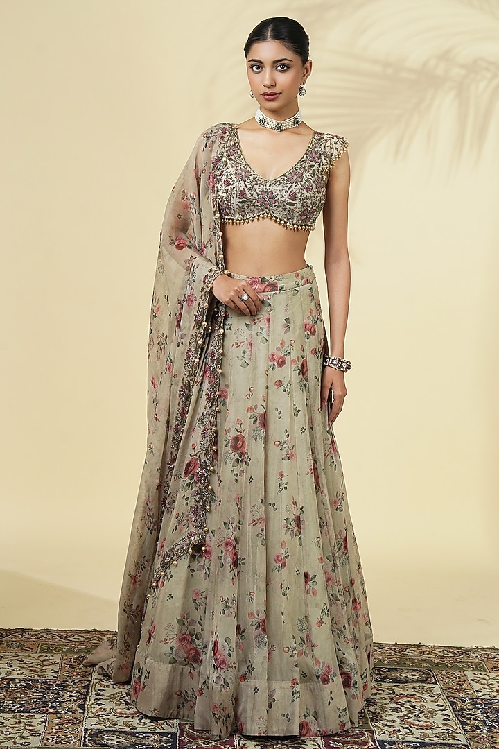 Grey Organza Rose Printed Bridal Lehenga Set by Arpita Mehta at Pernia's Pop Up Shop