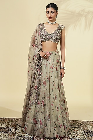 Grey Organza Rose Printed Lehenga Set by Arpita Mehta