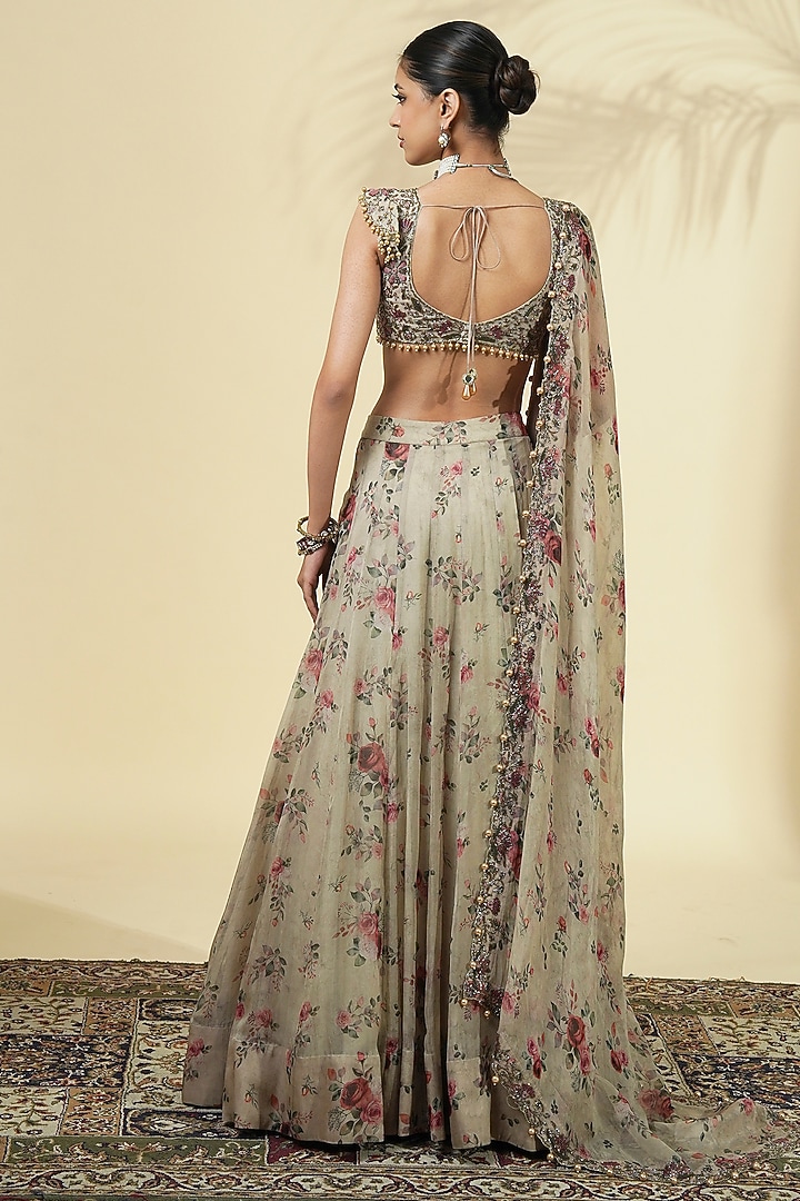 Grey Organza Rose Printed Bridal Lehenga Set by Arpita Mehta at Pernia's Pop Up Shop
