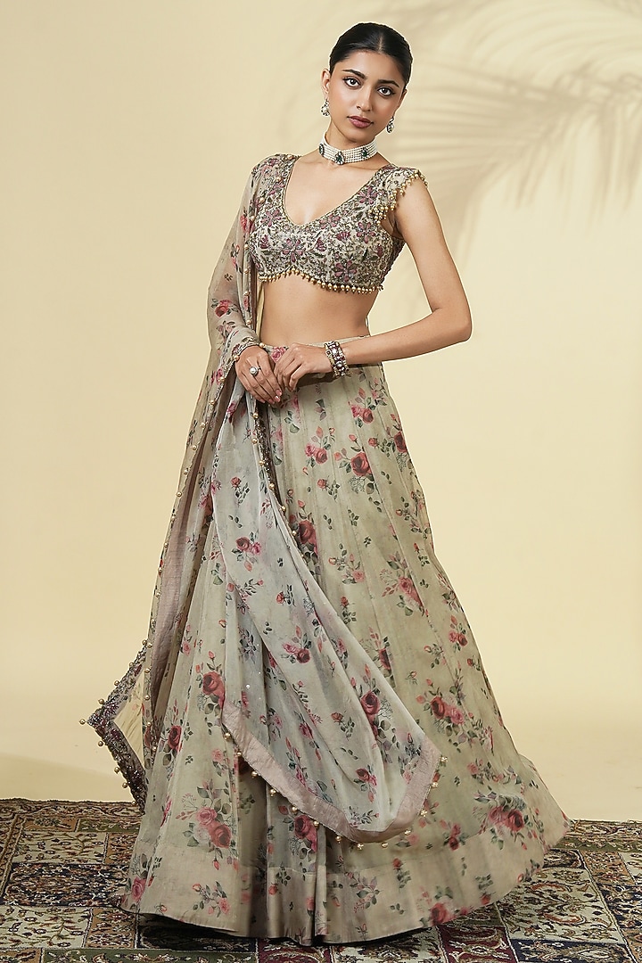 Grey Organza Rose Printed Bridal Lehenga Set by Arpita Mehta at Pernia's Pop Up Shop