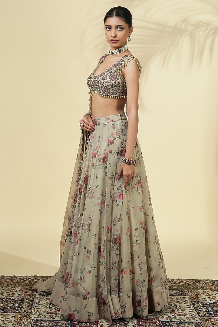 Grey Organza Rose Printed Bridal Lehenga Set by Arpita Mehta at Pernia's Pop Up Shop