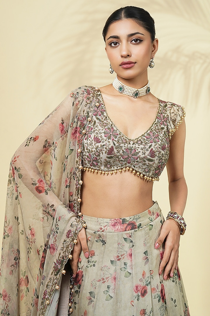 Grey Organza Rose Printed Bridal Lehenga Set by Arpita Mehta at Pernia's Pop Up Shop