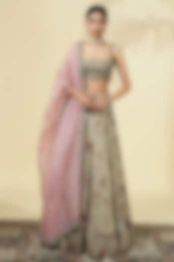 Grey Organza Rose Printed Bridal Lehenga Set by Arpita Mehta at Pernia's Pop Up Shop
