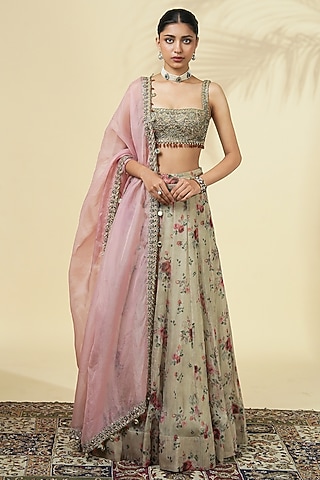 Grey Organza Rose Printed Lehenga Set by Arpita Mehta