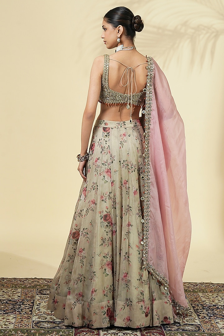 Grey Organza Rose Printed Bridal Lehenga Set by Arpita Mehta at Pernia's Pop Up Shop