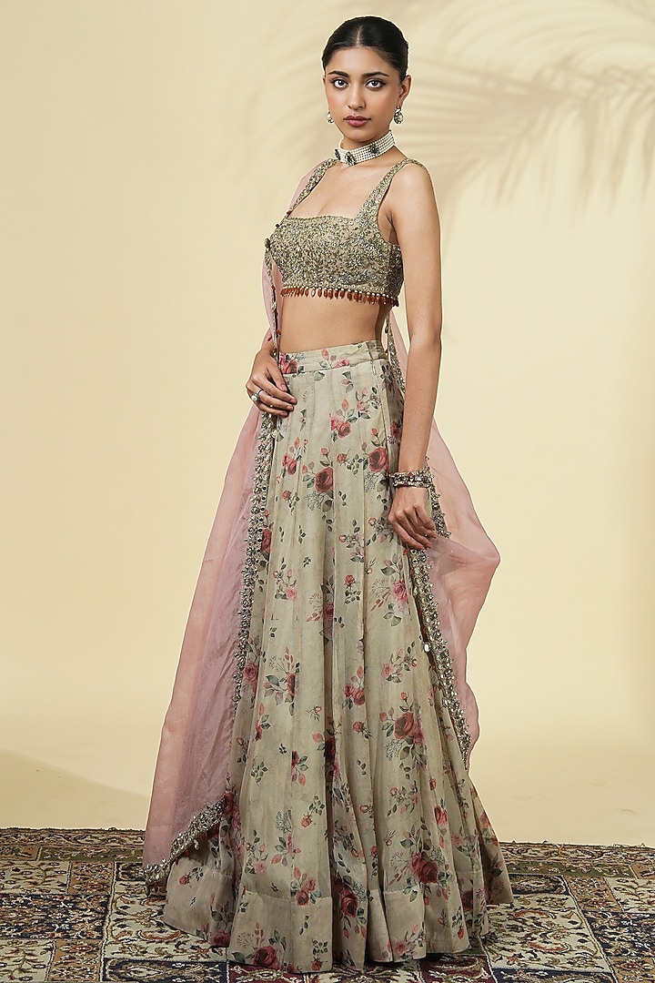 Grey Organza Rose Printed Bridal Lehenga Set by Arpita Mehta at Pernia's Pop Up Shop