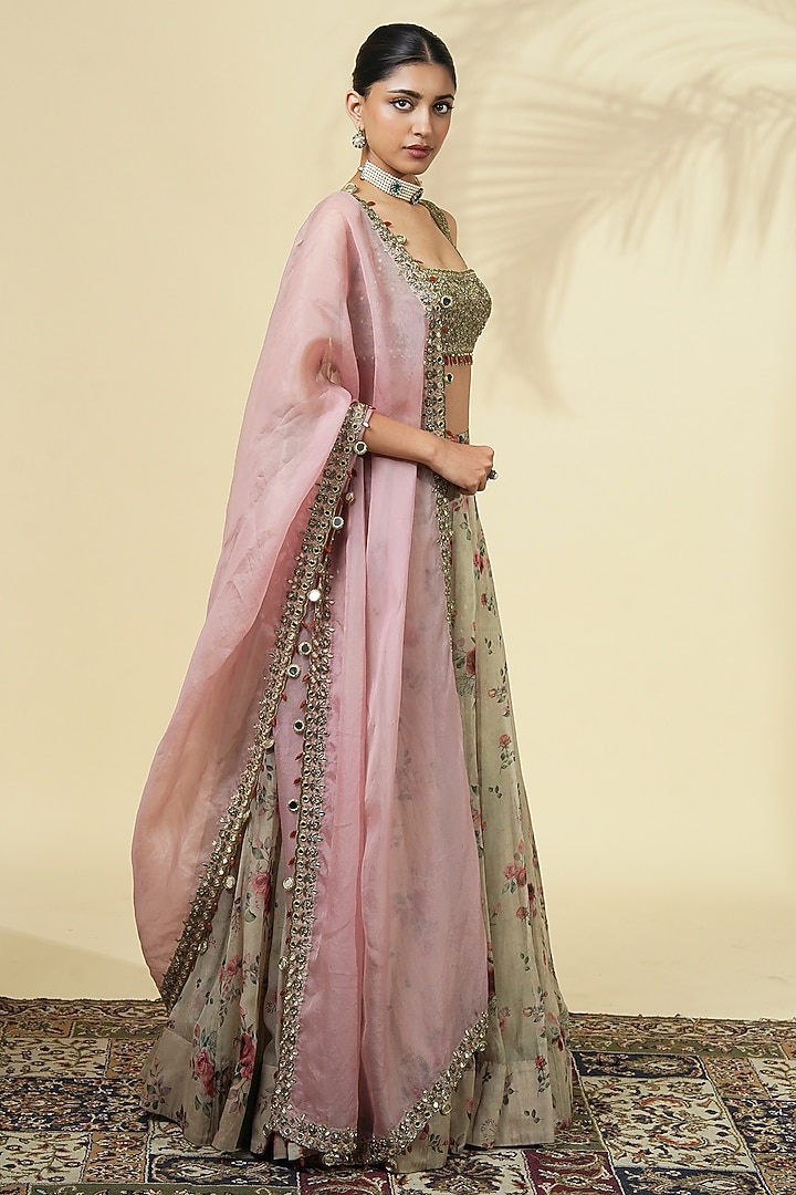 Grey Organza Rose Printed Bridal Lehenga Set by Arpita Mehta at Pernia's Pop Up Shop