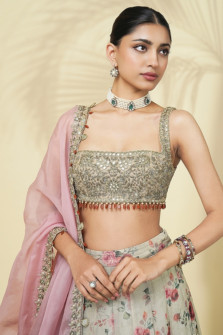Grey Organza Rose Printed Bridal Lehenga Set by Arpita Mehta at Pernia's Pop Up Shop
