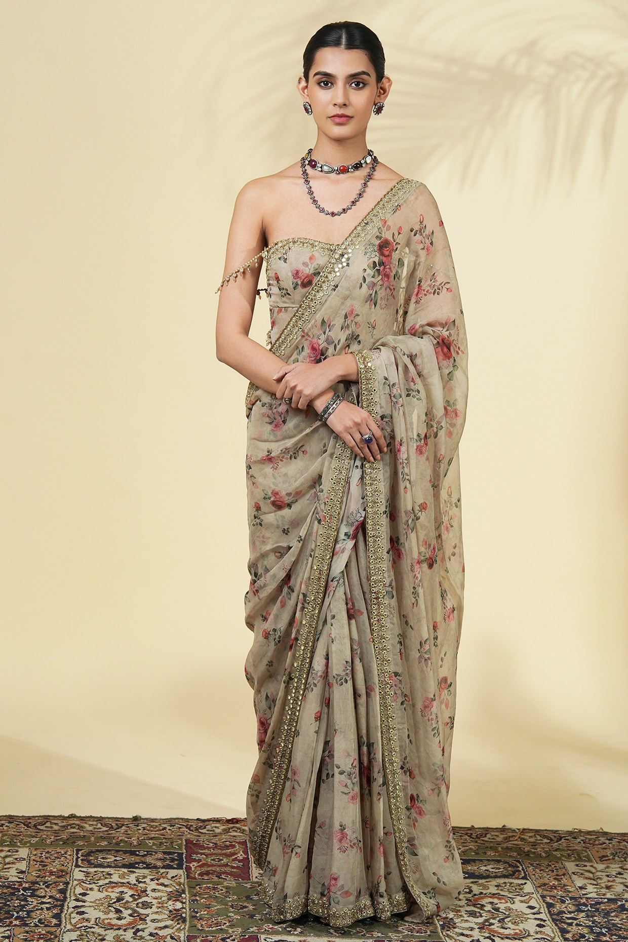Arpita Mehta Grey Organza Rose Printed Saree Set
