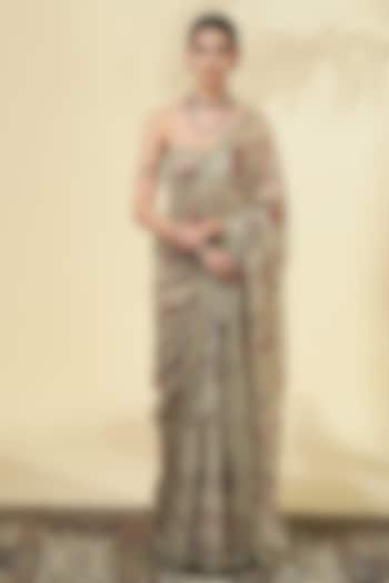 Grey Organza Rose Printed Reception Saree Set by Arpita Mehta at Pernia's Pop Up Shop