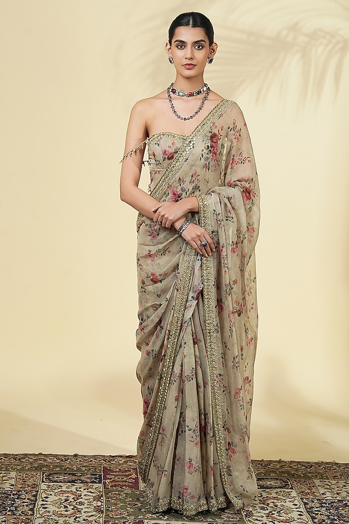 Grey Organza Rose Printed Reception Saree Set by Arpita Mehta at Pernia's Pop Up Shop