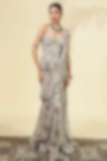 Grey Organza Rose Printed Reception Saree Set by Arpita Mehta at Pernia's Pop Up Shop
