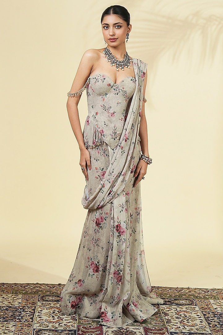 Grey Organza Rose Printed Reception Saree Set by Arpita Mehta at Pernia's Pop Up Shop