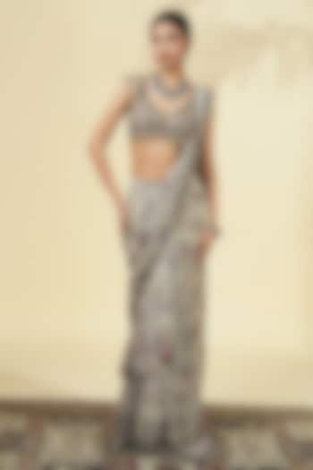 Grey Georgette Rose Printed Tiered Reception Saree Set by Arpita Mehta at Pernia's Pop Up Shop