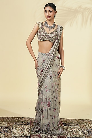 Grey Georgette Rose Printed Tiered Saree Set by Arpita Mehta