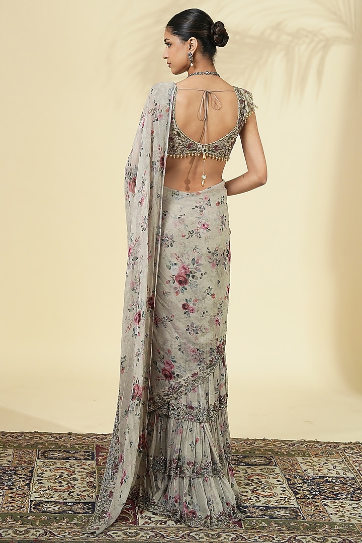 Grey Georgette Rose Printed Tiered Reception Saree Set by Arpita Mehta at Pernia's Pop Up Shop