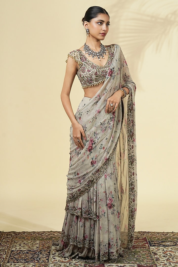 Grey Georgette Rose Printed Tiered Reception Saree Set by Arpita Mehta at Pernia's Pop Up Shop