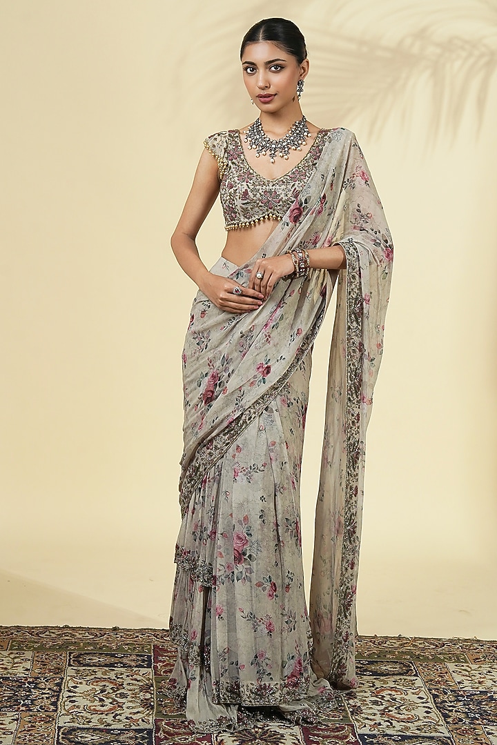 Grey Georgette Rose Printed Tiered Reception Saree Set by Arpita Mehta at Pernia's Pop Up Shop