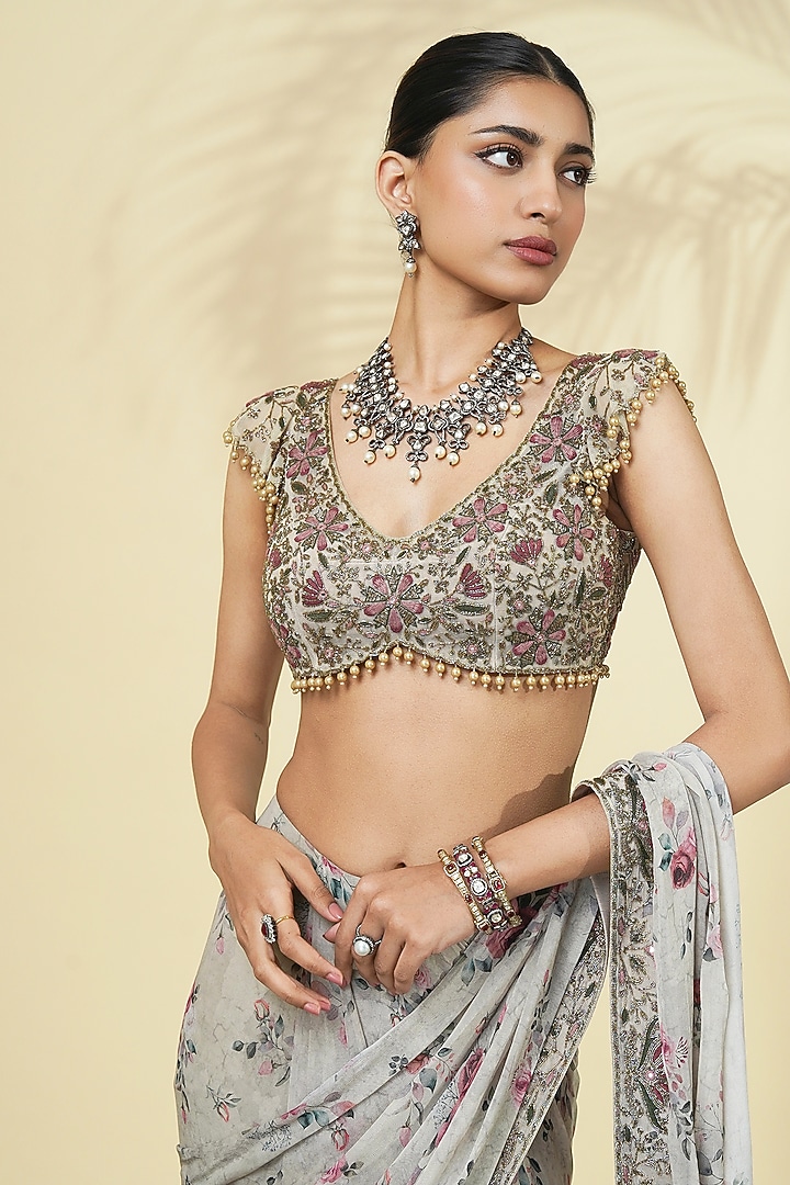 Grey Georgette Rose Printed Tiered Reception Saree Set by Arpita Mehta at Pernia's Pop Up Shop