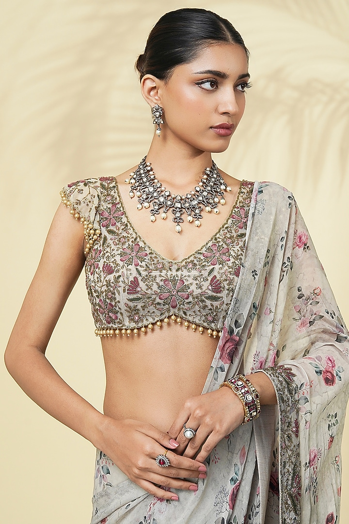 Grey Georgette Rose Printed Tiered Reception Saree Set by Arpita Mehta at Pernia's Pop Up Shop